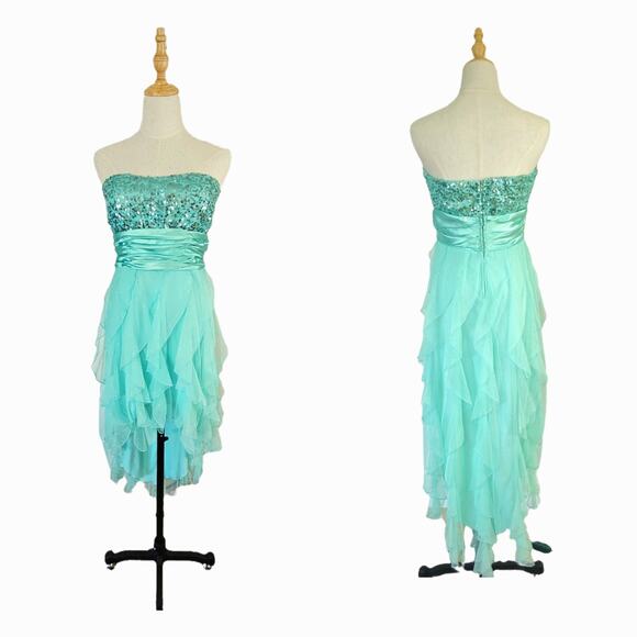 Deb Pastel Green High Low Strapless Dress Chiffon Ruffles Fairycore Mermaid 13 - Picture 1 of 16